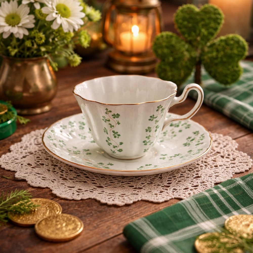 Vintage Irish Teacup and Saucer with Green Clover Design